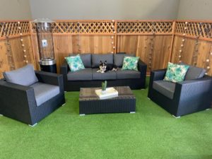 Outdoor rattan patio set with sofa and club chairs